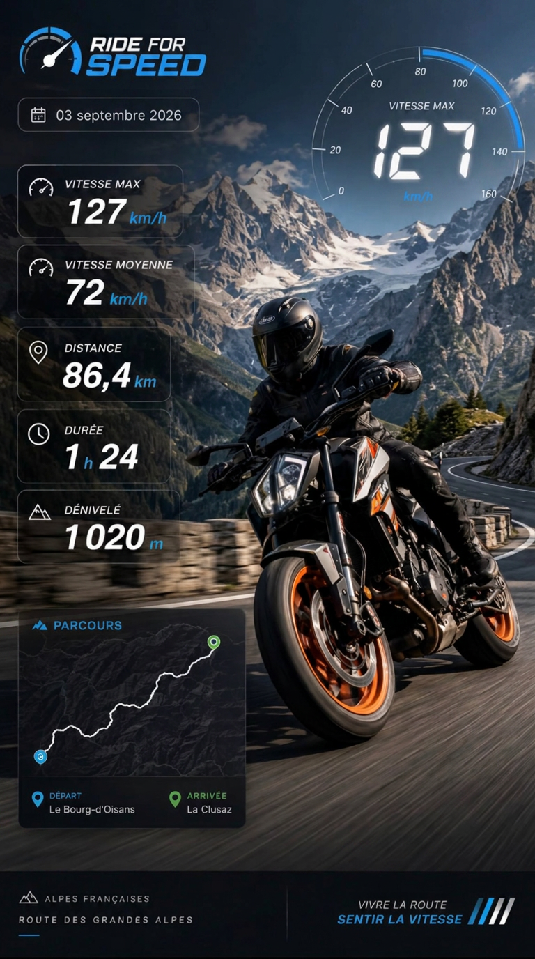 Affiche de sortie RideForSpeed : photo du pilote, carte du trajet et statistiques